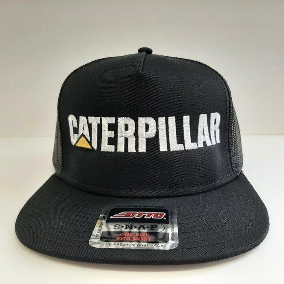 CAT Caterpillar Embroidered Flat Bill Mesh Snapback Cap Hat Black - Picture 1 of 4